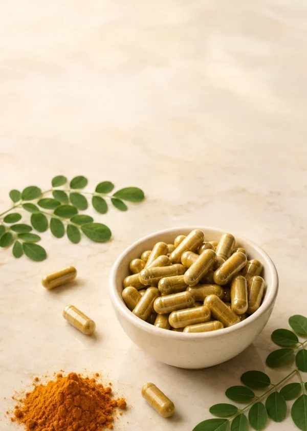 Bol de gélules DiaNatura+ avec feuilles de moringa et poudre de curcuma